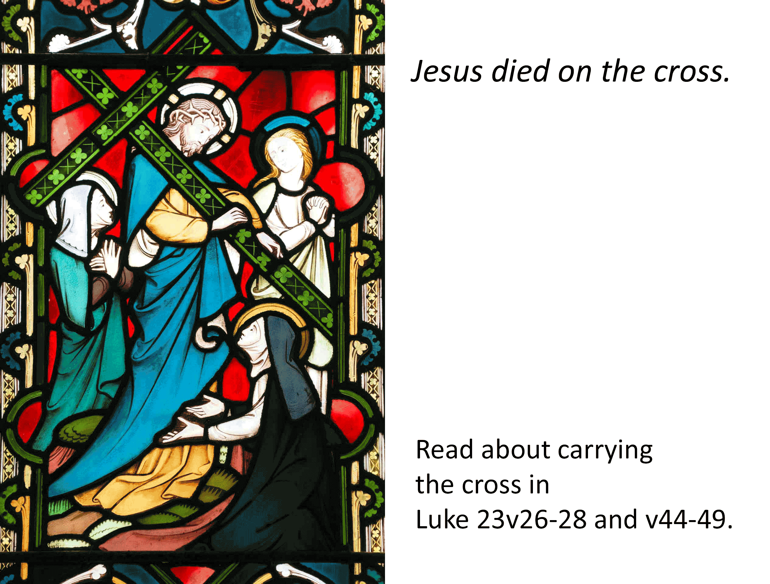 Jesus died on the cross, stained glass depicting Jesus carrying the cross