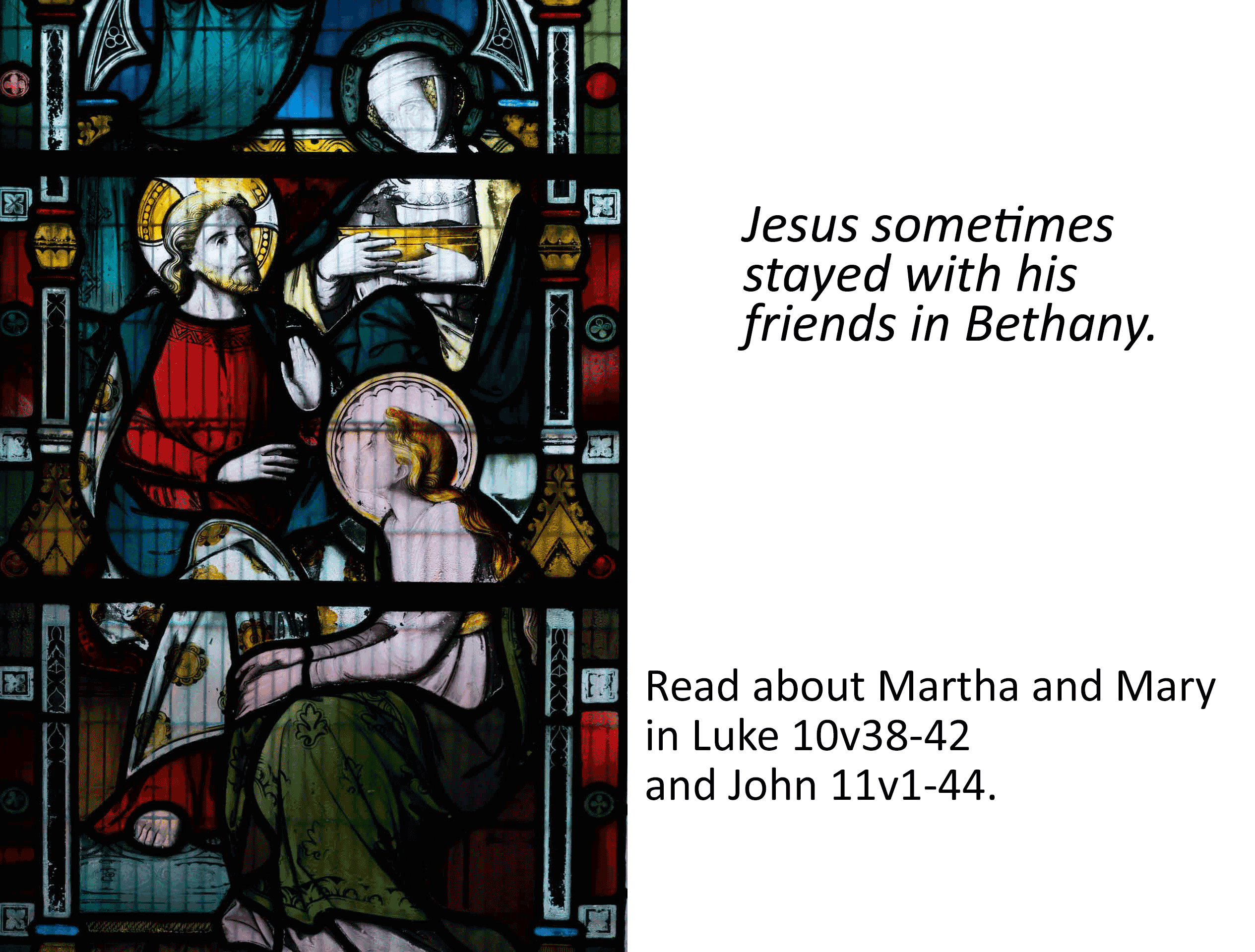 Stained glass depicing Jesus staying with his friends