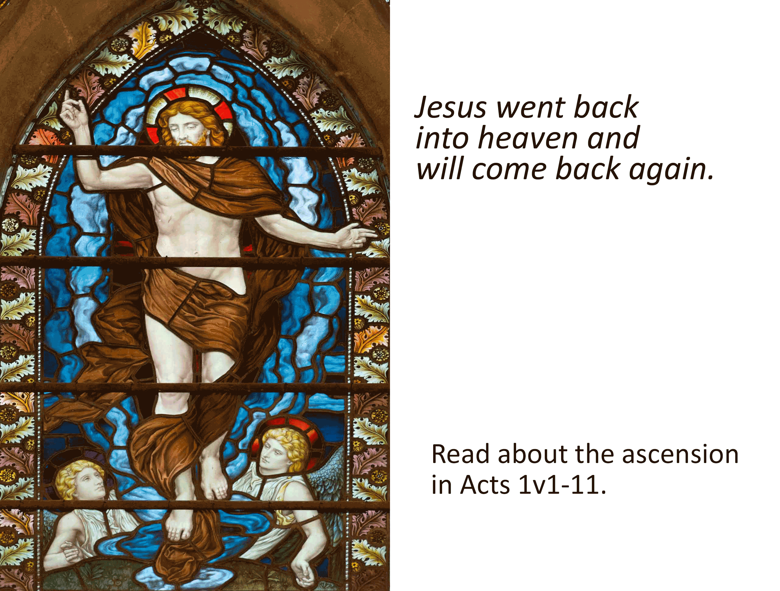 Stained glass depicitng Jesus' ascension into heaven