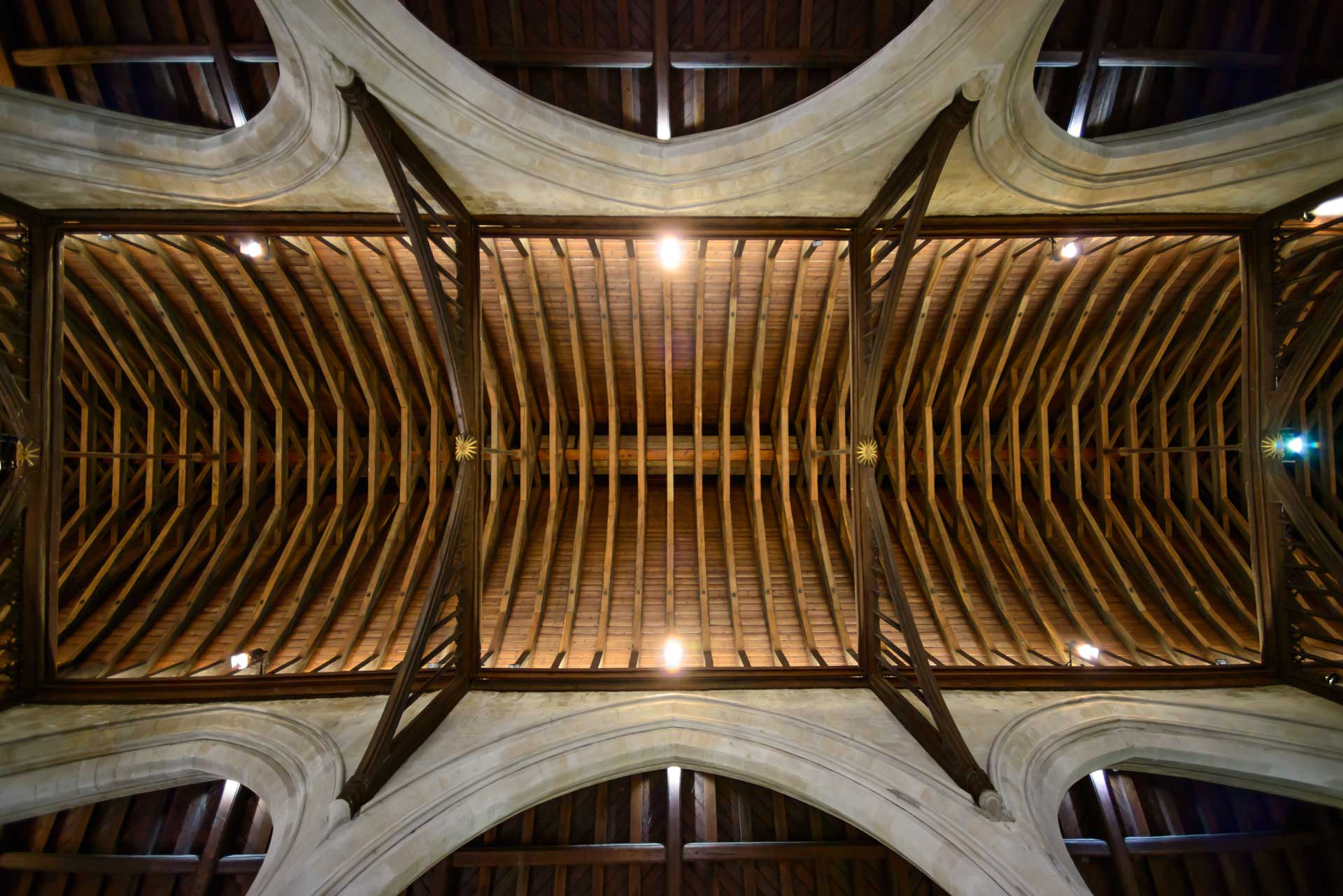 vertical picture showing the details of the wooden nave roof in a Norman church (1180).
