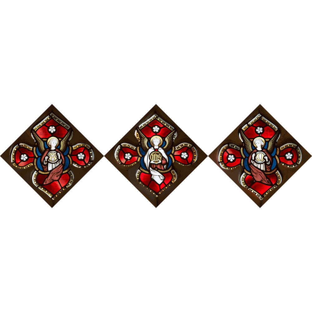 Logo of three angels alpha to omega created from imagary in the church building.