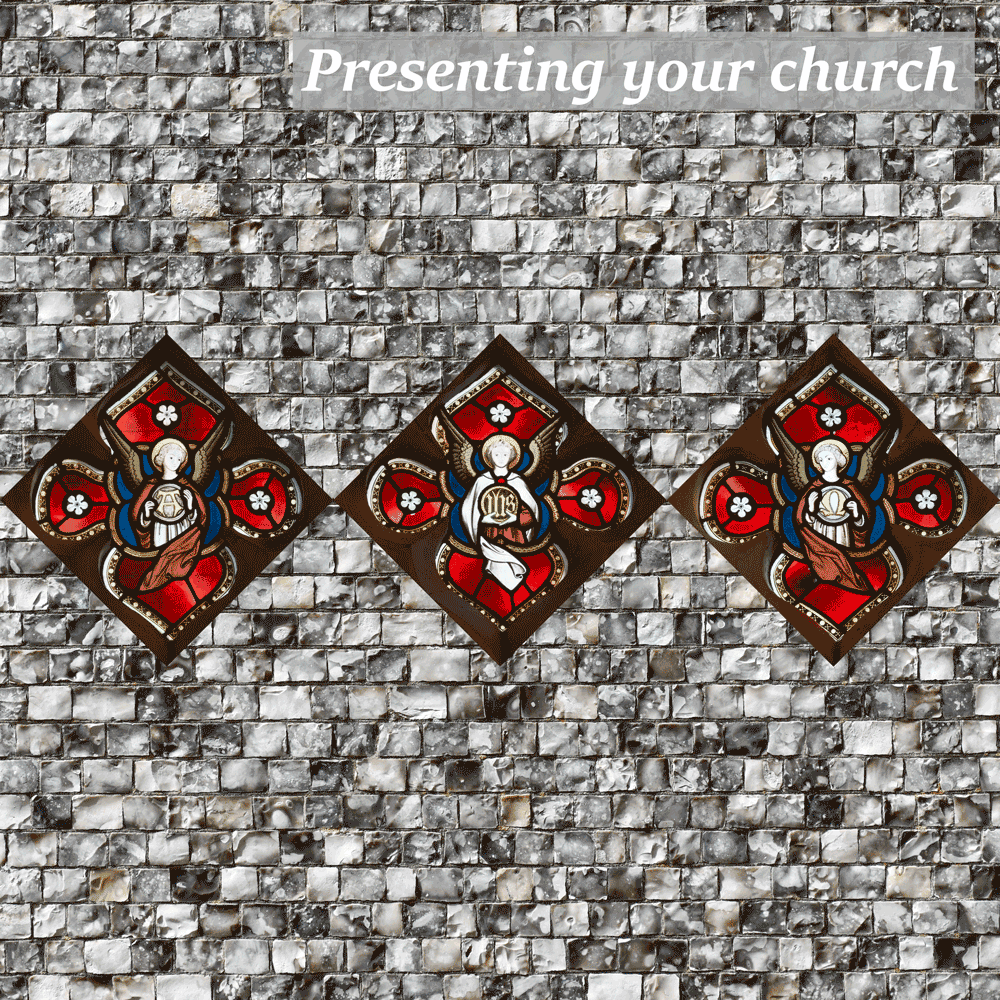 Alpha to omega symbols held by angels, superimposed over a flint wall background
