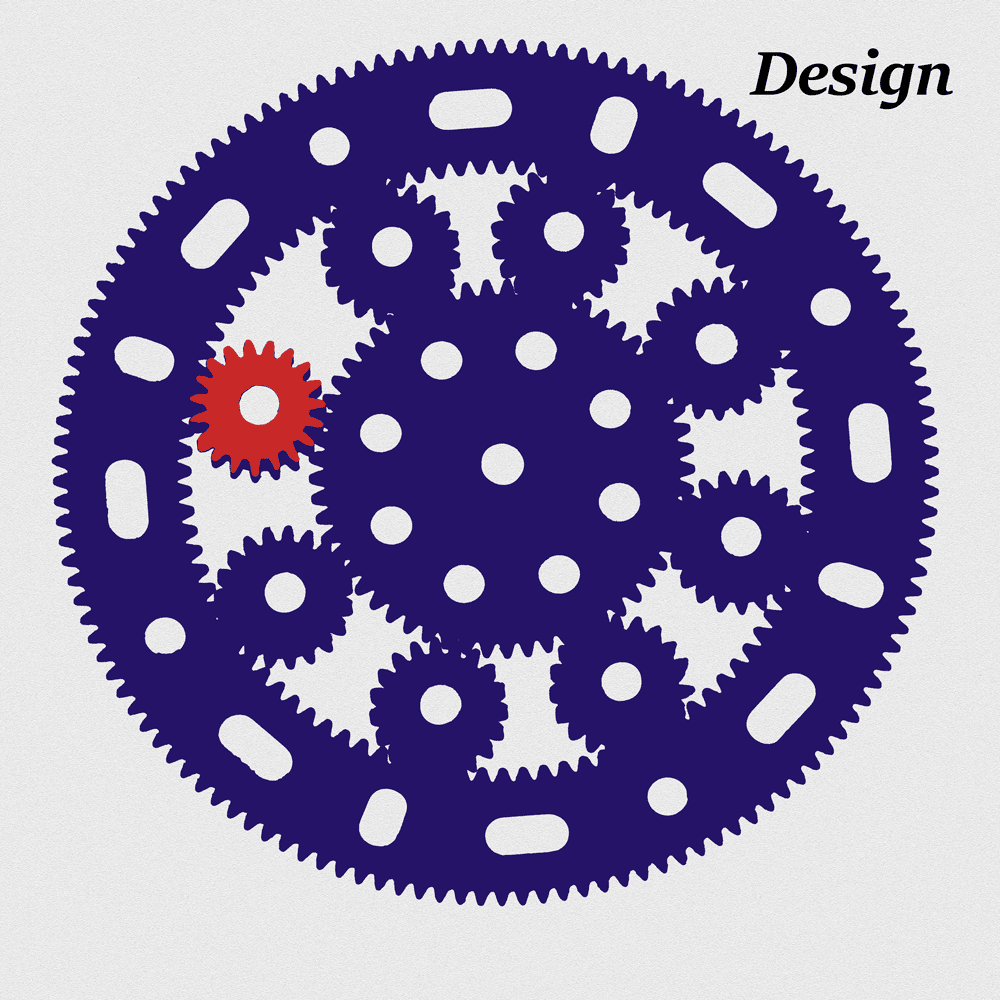 Logo of a silhouette of meshing gears with one cog in red and the rest in blue.