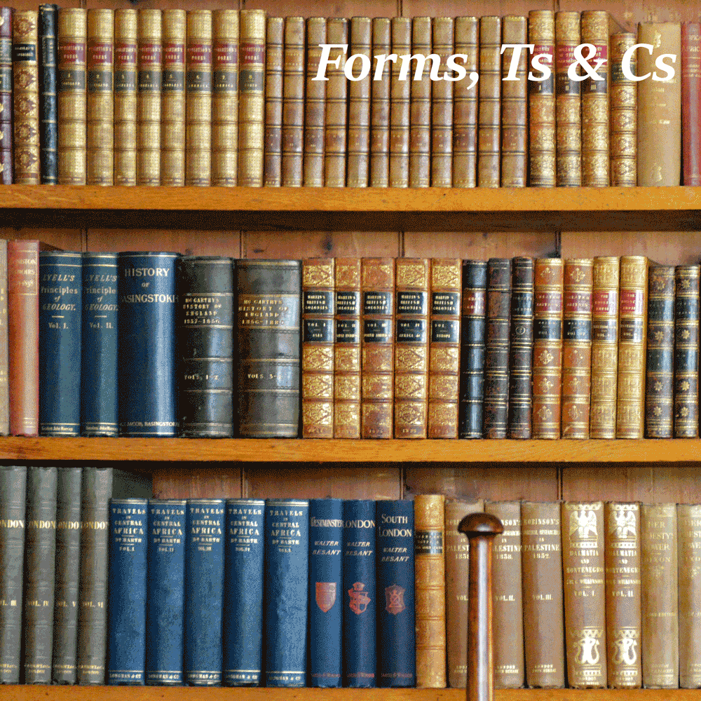 Leather bound books on three shelves.