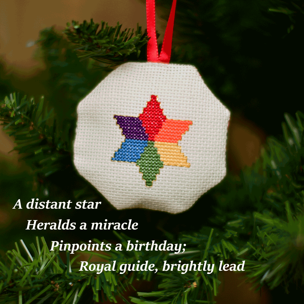 Cross-stitched octagonal picture of a six-pointed star in different colours, hanging in a Christmas tree.