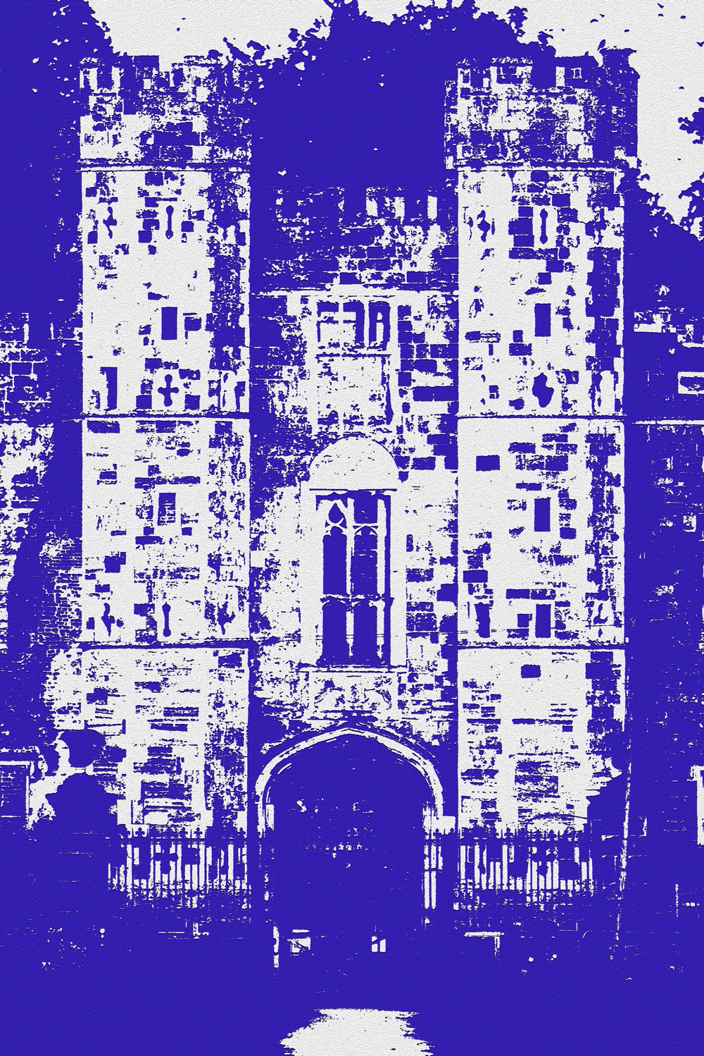 Graphic image of the main towers either side of the entrance gate to a castle