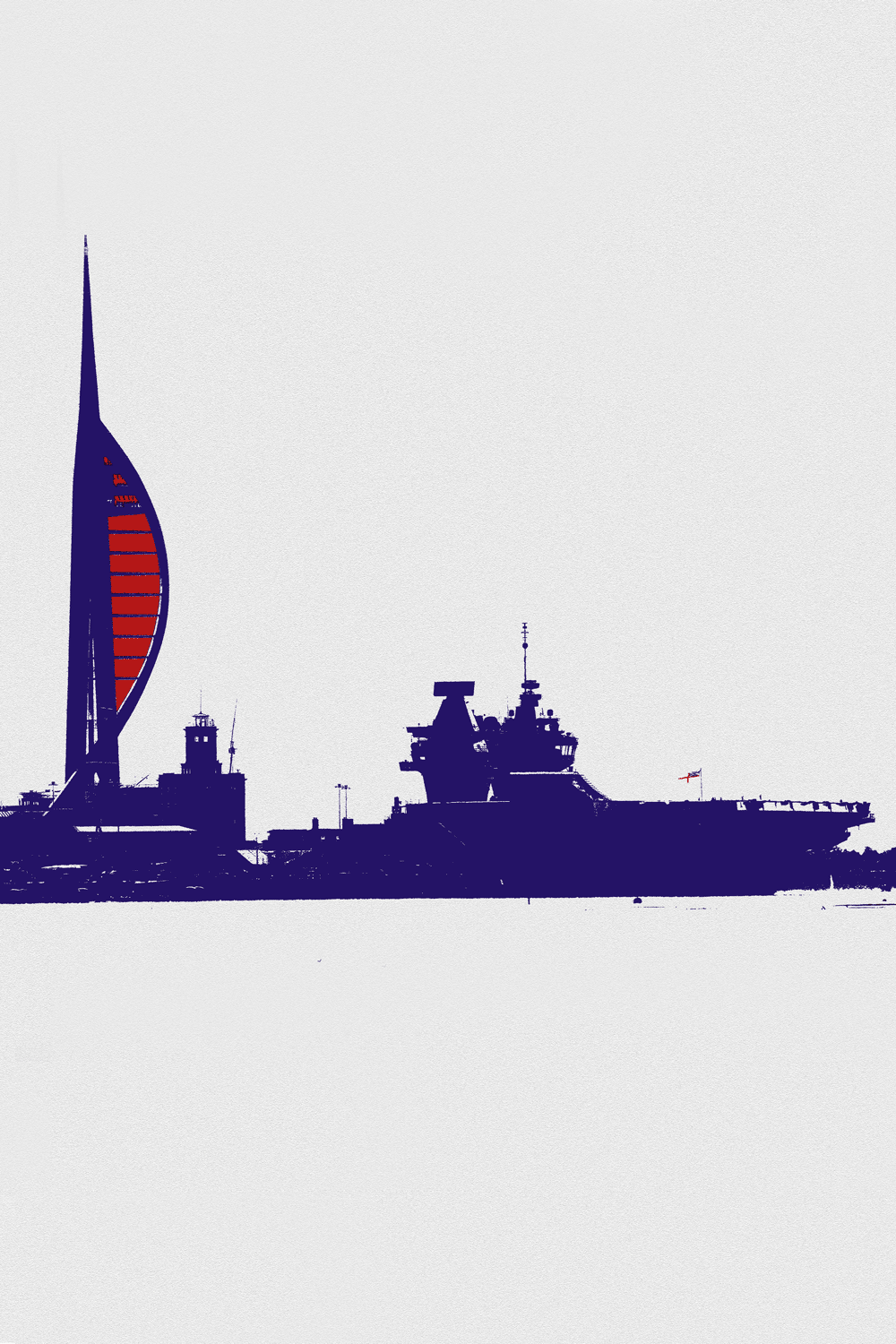 Graphic image of the Royal Navy's new Prince of Wales aircraft carrier in front of the Portsmouth Spinnaker tower, with the RN Flag's colours.